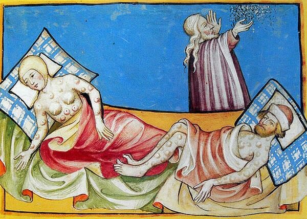 A depiction of victims of the Black Death from the Toggenburg Bible (1411).