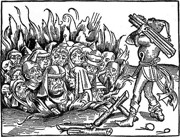 A woodcut depicting Jews, wrongly accused of deliberately spreading plague, being burned to death during a religious pogrom.
