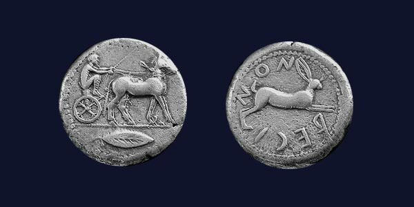 Front and rear faces of a Bruttium, Rhegion coin dating from circa 478-476 BC