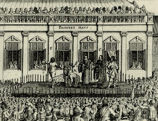Contemporary engraving showing the execution of Charles I outside the Banqueting House, Whitehall (detail).