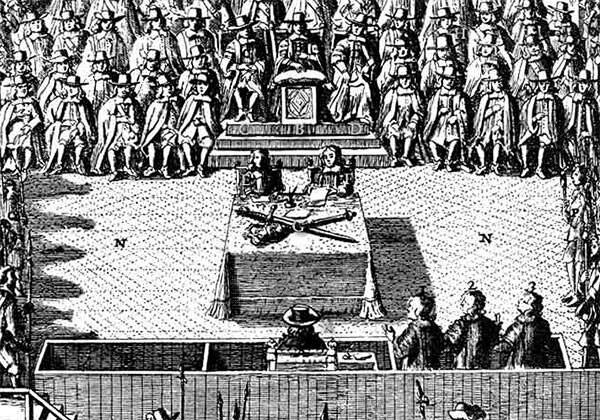 Contemporary engraving showing Charles I sitting before the High Court of Justice, from 'Nalson's Record of the Trial of Charles I' (detail).