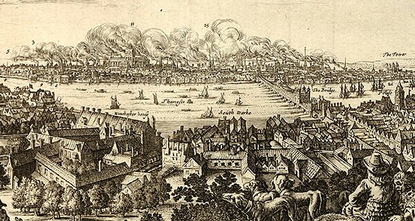 Detail from an engraving depicting the Great Fire seen from the south, with people on a hill looking across Southwark and the Thames to the burning city, by Justus Danckertsz, 1666