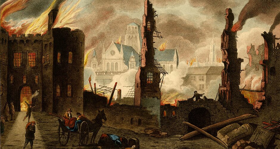Ludgate burning in the Great Fire of London, with St Paul's Cathedral in the background. Detail from a hand-coloured etching by William Russell Birch, 1792