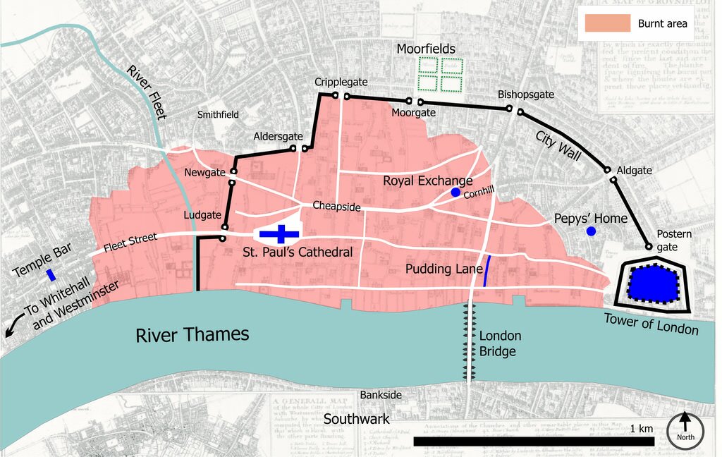 The area affected by the fire, overlaid on a map showing the city walls, the 8 city gates, and locations of Pudding Lane, Pepys home, London Bridge, St Pauls Cathedral, the Tower of London and Moorfields.