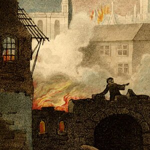 Ludgate burning in the Great Fire of London, with St Pauls Cathedral seen in the background. Hand-coloured etching by William Russell Birch, 1792