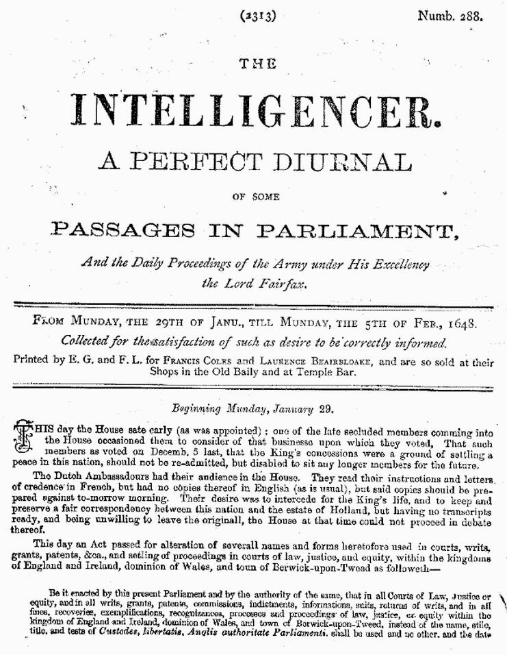 London Gazette 1648 report on the trial and execution of Charles I (page 1)