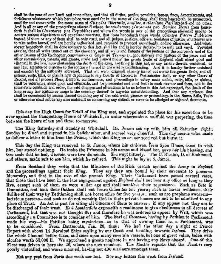 London Gazette 1648 report on the trial and execution of Charles I (page 2)