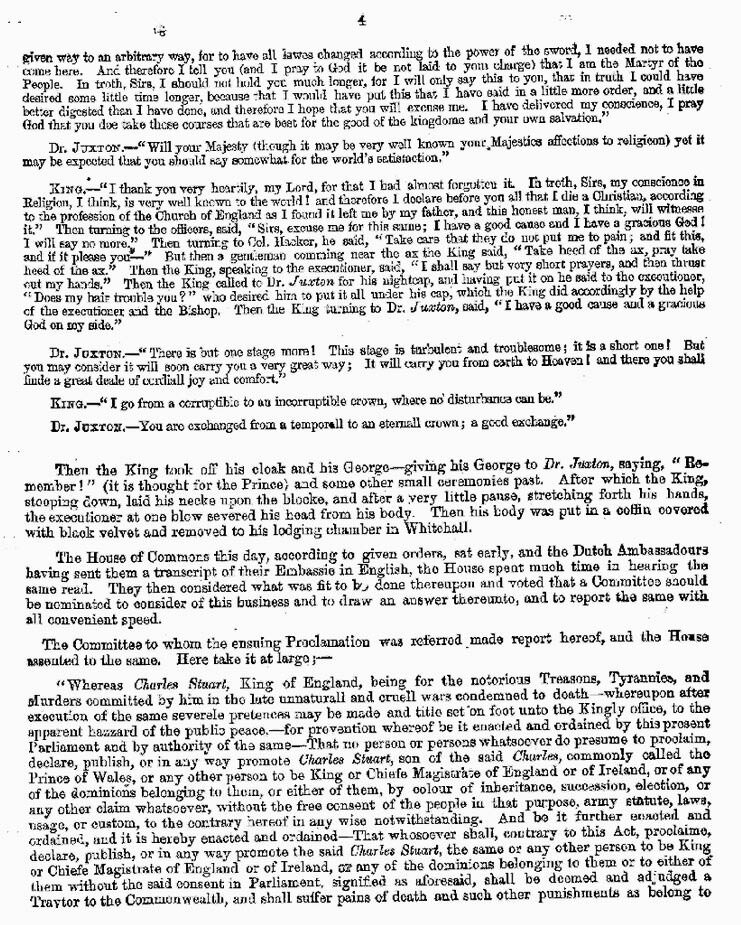 London Gazette 1648 report on the trial and execution of Charles I (page 4)