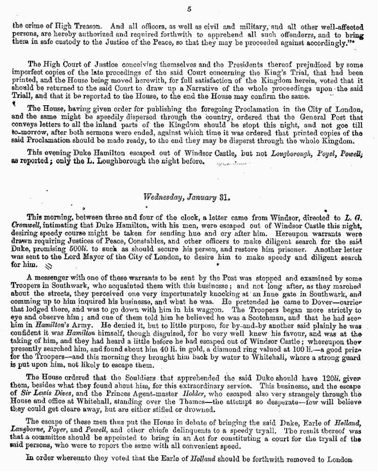 London Gazette 1648 report on the trial and execution of Charles I (page 5)