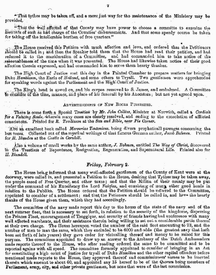 London Gazette 1648 report on the trial and execution of Charles I (page 7)