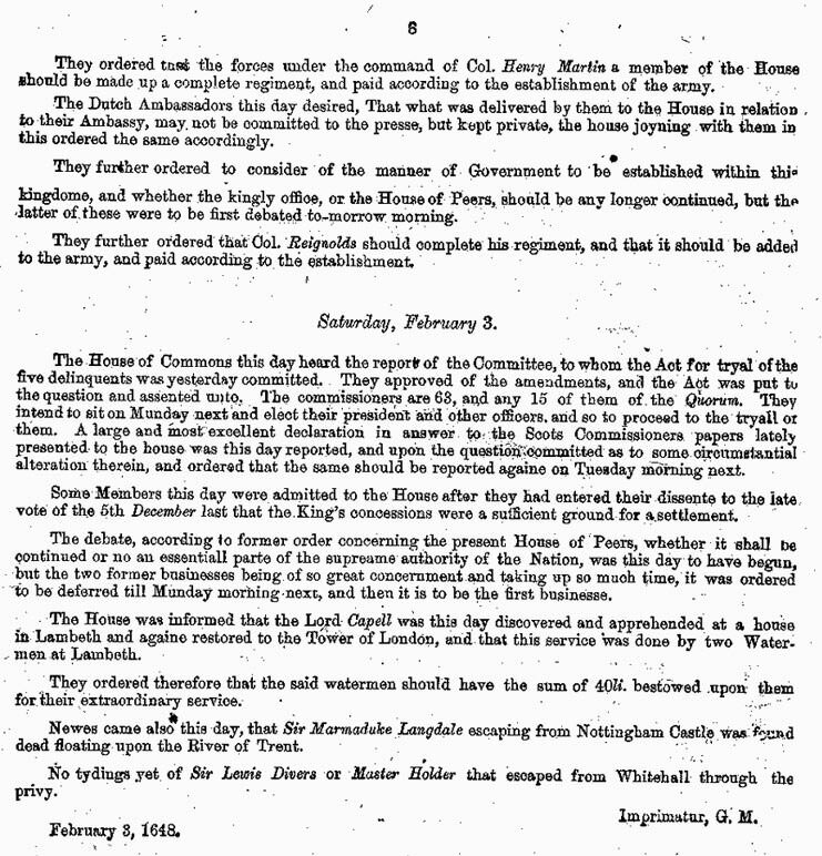 London Gazette 1648 report on the trial and execution of Charles I (page 8)