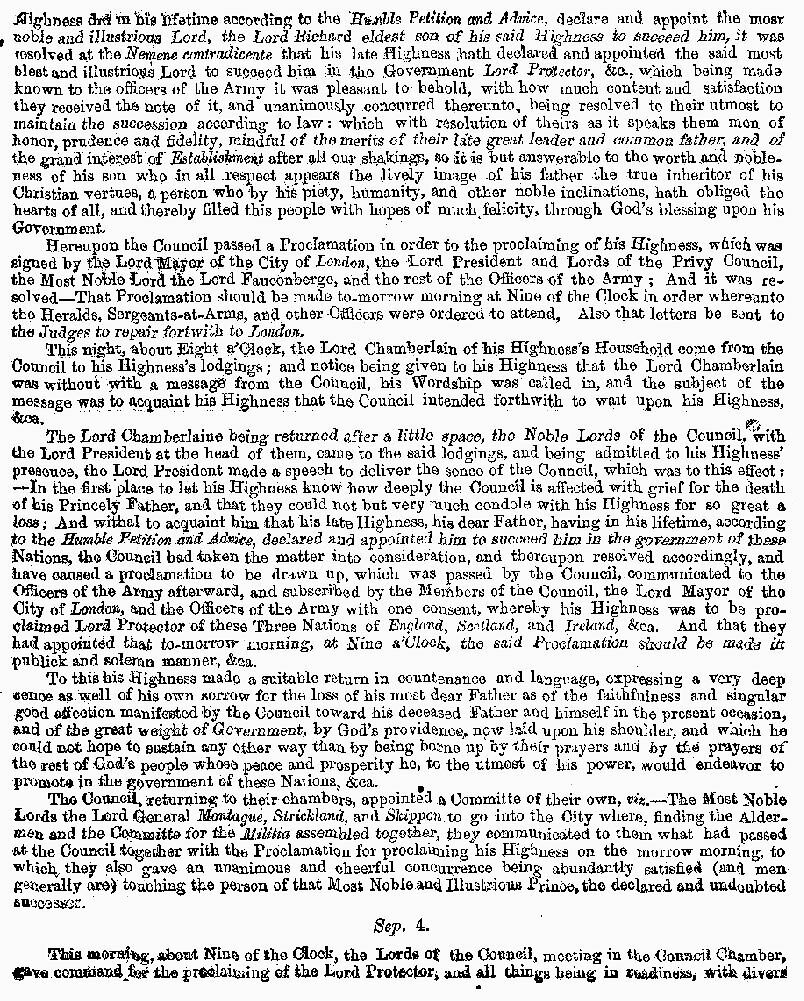 London Gazette 1658 report on the death of Oliver Cromwell (page 2)