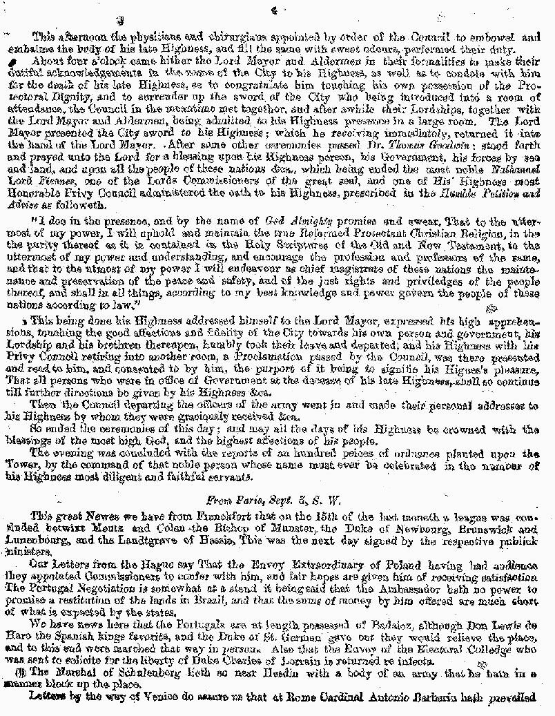 London Gazette 1658 report on the death of Oliver Cromwell (page 4)