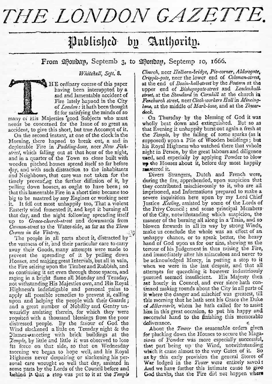 The London Gazette report on the Great Fire of London 1666, page 1