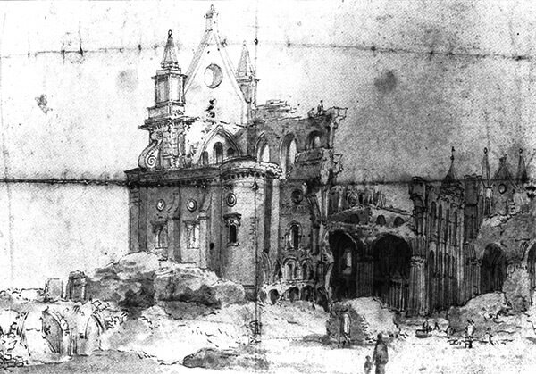 Sketch depicting the ruins of Old St Paul's, by Thomas Wyck, c.1673