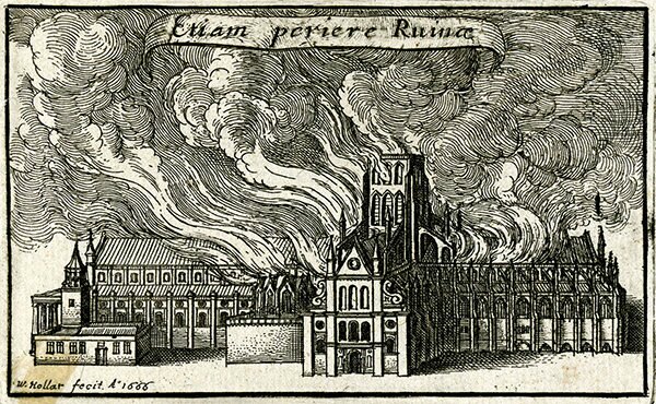 Etching depicting St Paul's Cathedral burning in the Great Fire of London, by Wenceslaus Hollar, 1666