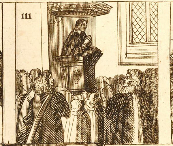 Depiction of the a cleric preaching on a day of fasting and humiliation, from a broadside titled the 'Popish Damnable Plot', 1680