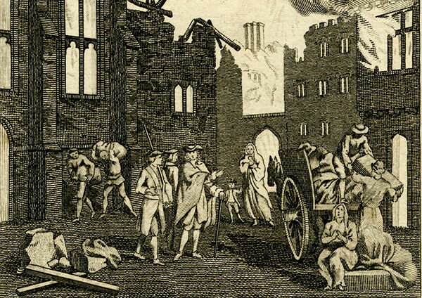 Detail from a street scene of the fire of London, from an etching, artist anonymous, 1770