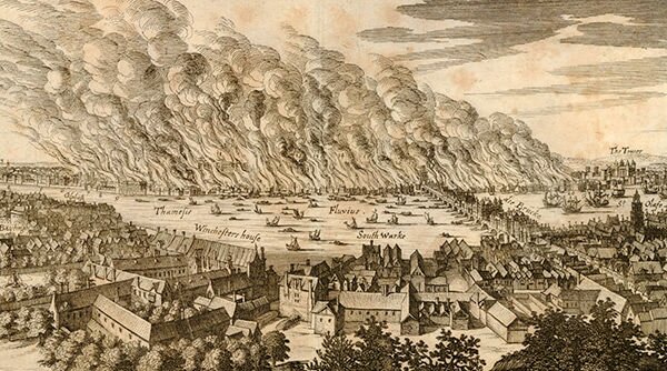 A detail from a contemporary German etching showing an impression (somewhat exaggerated) of the fire viewed from the southern side of the Thames