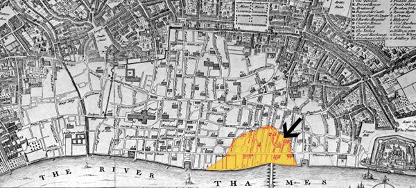 Map showing the extent of the fire at the close of Sunday (arrow points to Pudding Lane, where the fire started)