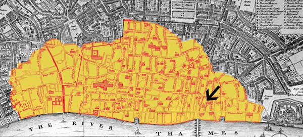 Map showing the extent of the fire at the close of Tuesday (arrow points to Pudding Lane, where the fire started)