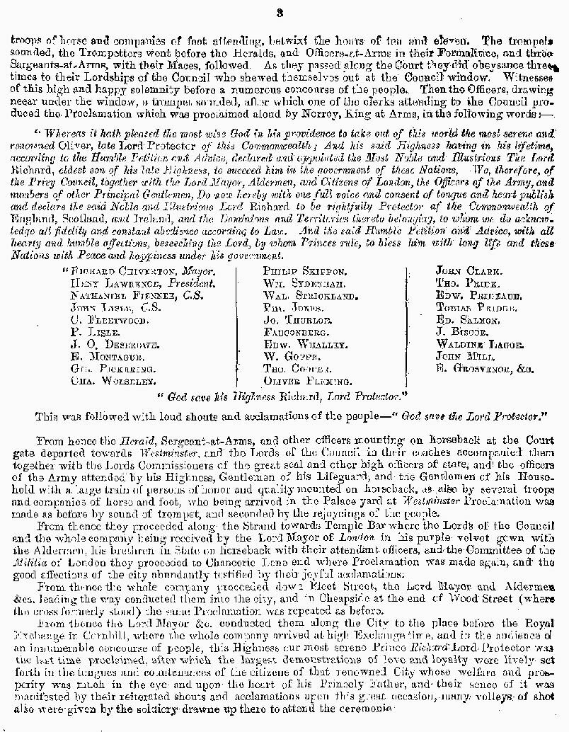 London Gazette 1658 report on the death of Oliver Cromwell (page 3)