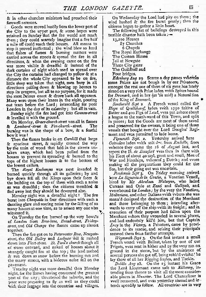 The London Gazette report on the Great Fire of London 1666, page 3