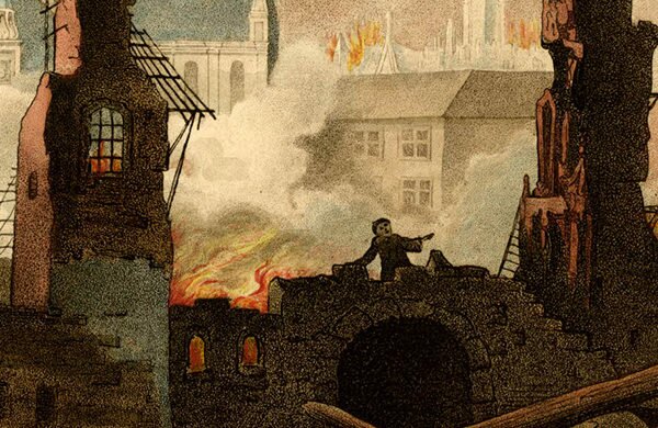 Detail showing Ludgate prison destroyed by the fire, from an etching by William Russell Birch, 1792