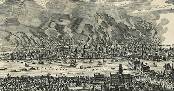 Detail of an etching from a contemporary Dutch broadside on the Great Fire of London, 1666
